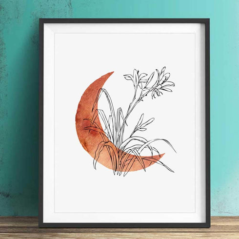 Terracotta Sun and Moon Print - Set of 2 Minimal Wall Art - 8x10 inch Flower Line Print, Boho Decor