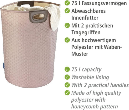 Wabo Round Laundry Basket with Handles, Taupe Honeycomb Motif Hamper