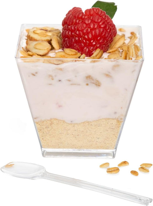 Ilyapa 2oz Clear Plastic Dessert Cups - 50 Pack Mini Appetizer Cups with Spoons for Cheesecake, Chocolate Mousse,