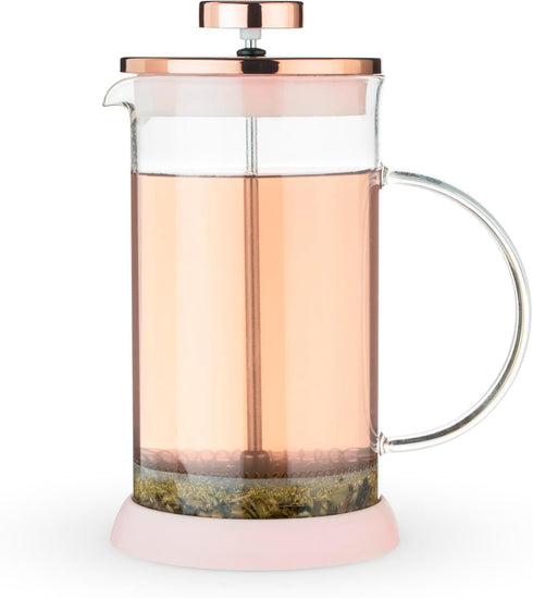 Pinky Up Riley Mini Glass Tea Press Pot, 12 oz Coffee Maker, French Press for Hot or Iced Beverage, Pink