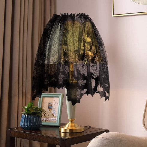 5pack Halloween Decorations Tablecloth Runner, Black Lace Round Spider Cobweb Table Cover with 36pcs Scary 3D Bat