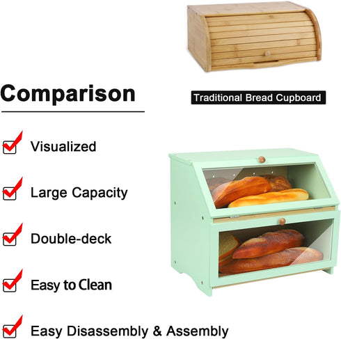 Counter, HOMEKOKO Double Layer Large Bread Box for Kitchen Wooden Large Capacity Bread Storage Bin (Mint Green)