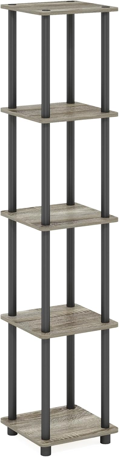 5-Tier FURINNO Turn-N-Tube Corner Square Rack Display Shelf, Round, French Oak Grey/Black