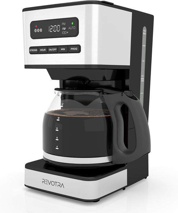 REVOTRA 12-Cup Programmable Coffee Maker, Regular & Strong Brew Drip Coffee Machine,