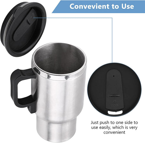 12V 450ml Stainless Steel Car Heating Cup, Electric Travel Mug for Heating Water, Coffee, Milk, Tea