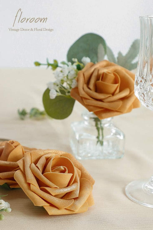 Floroom 25pcs Real Looking Gold Foam Fake Roses with Stems for DIY Wedding Bouquets, Bridal Shower Decorations
