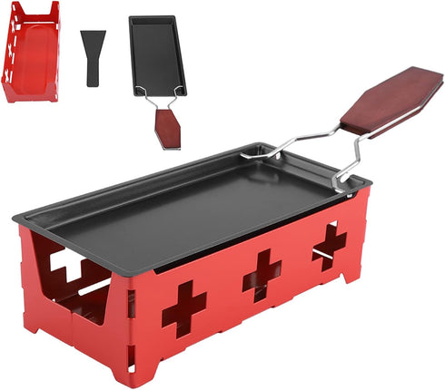 Cheese Raclette Stove Set, Carbon Steel Portable Non-stick Baking Tray with Spatula for Home Kitchen Grilling (Red)