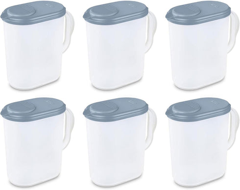 Sterilite 6-Pack Plastic Pitcher Water Jug Drink Dispenser with Blue Atoll Lid and Tab, Clear Base, Grip Handle for