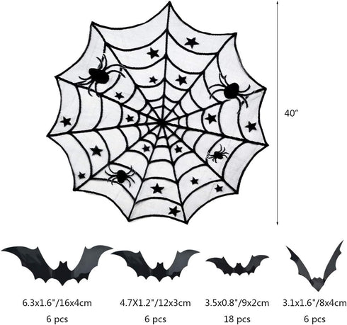 5pack Halloween Decorations Tablecloth Runner, Black Lace Round Spider Cobweb Table Cover with 36pcs Scary 3D Bat