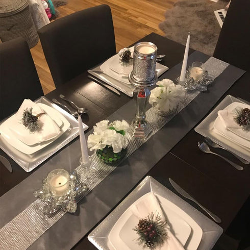 13inch 72inch x Table Runner with Diamante Strip and Tassels (Grey)