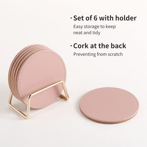 Set 6, Set CASEGRACE Drink Coasters with Metal Holder Stand of PU Leather Absorbent Coasters with Cork Base Table