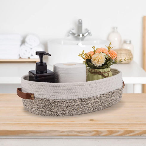 Woven Storage Basket for Toilet Tank Top, Farmhouse Organizing Decor for Bathroom, Table, Counter 13"x5.9"x4" Apricot