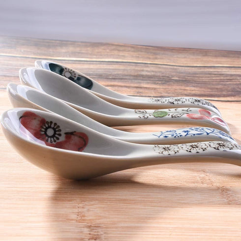 Japanese Soup Spoons Set of 4, Asian Ceramic Ramen Spoons