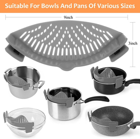 YEVIOR Clip on Strainer for All Pots, Silicone Pasta Strainer Kitchen Gadgets, Collapsible Colander (Grey)
