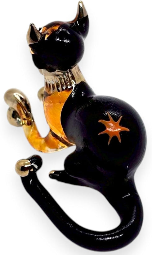 Tiny 2¼" Black Brown Crouching Play Ball Cat Figurine - Miniature Hand Blown Painted Glass