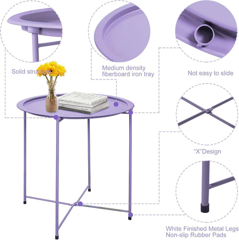 4 Garden you End Table Metal Side Table Purple Round Folding Tray Cyan Sofa Small Accent Fold-able Table, Round End