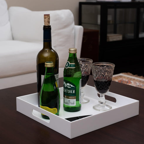 12x12x2H Inches Countertop, Glossy White Acrylic Serving Tray with Handles, - Spill Proof, Decorative Trays for Ottoman