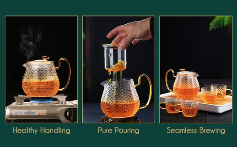 Glass Teapot Microwave Safe Stovetop 600ml (20oz) Removable Infuser and Lid Included with a Set of 4 Glass, Stovetop Safe Tea Kettle For Tea Brewer to Elevate Tea Serving Experience Style by Coolcapis