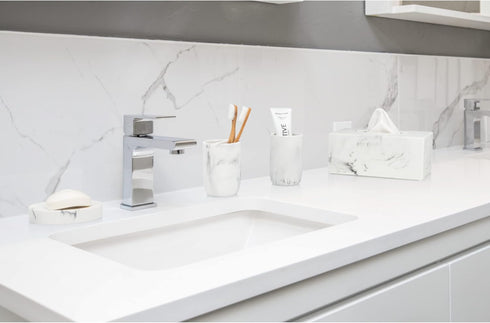 Essentra Home White Marble Toothbrush Holder, Small Toothbrush & Toothpaste Organizer, Blanc Collection