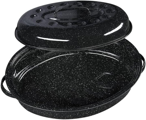 Granite Ware 15-Inch Covered Oval Roaster, 10 Lb Capacity, Enamel Steel Cookware, Dishwasher Safe, Speckled Black