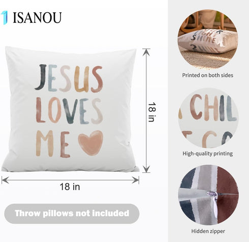 ISANOU 18x18 Inch Set 4 Jesus Loves Me Throw Pillow Covers, Sun Decorate Pillow Covers for Nursery Baby Room Kids