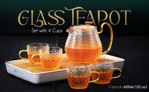 Glass Teapot Microwave Safe, 600ml (20oz) with Removable Infuser and Lid, Set of 4 Glass Tea Kettle