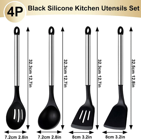 Pleafind 4-Pcs Silicone Cooking Utensils Set, Wok Utensils Set Include Wok Ladle, Slotted Spoon, Solid Spatula and Slotted Spatula, Silicone and Stainless Steel Kitchen Utensils, Dishwasher Safe by Pleafind