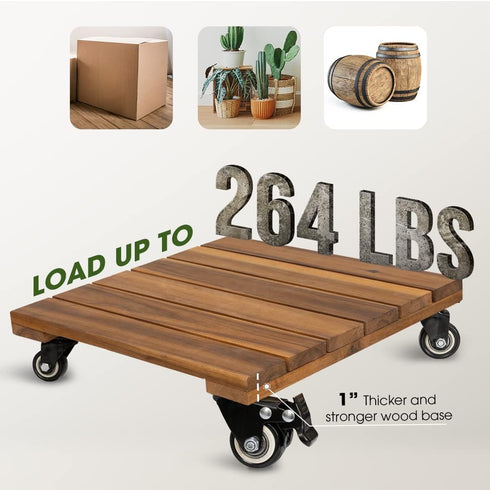 2pack 264 Lbs 12 Inch 360 Wood Plant Caddy With Wheels Heavy Duty, Capacity, Upgraded Acacia Hardwood Plant Dolly