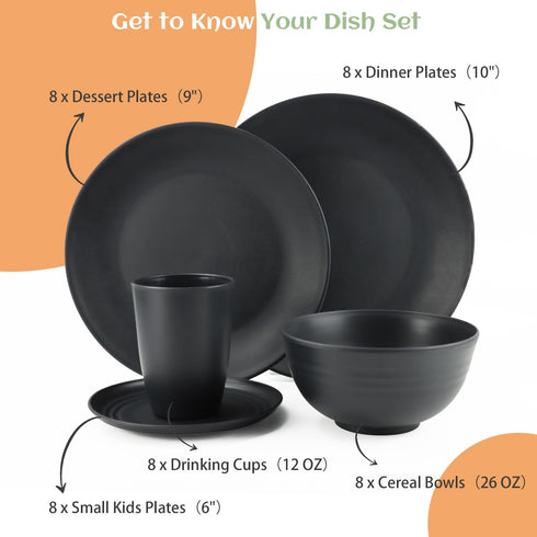 Homienly Wheat Straw Dinnerware Set,40-Piece Dish Set for 8, Dinner Plates, Dessert Plate, Cereal Bowls, Cups, Appetizer Plates,Reusable Dinner Plates Kids Plates and Bowls Sets,Black by Homienly