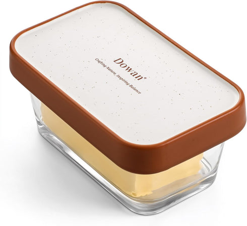 DOWAN Glass Butter Dish with Ceramic Lid, Large Butter Container for 3