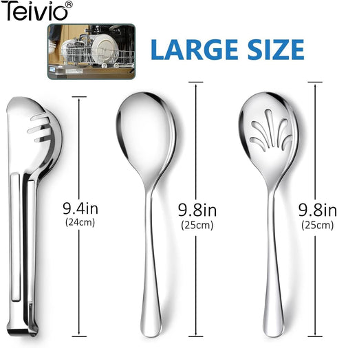 Teivio Stainless Steel Serving Utensils Set - Large 9-10" Spoons, 10" Slotted Spoons, 9" Tongs (Silver)
