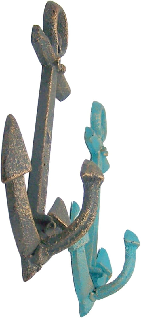Distressed Blue and Green Anchor Wall Hooks, Set of 2, Nautical Decor, Coastal Interior Design, 7.5 Inches