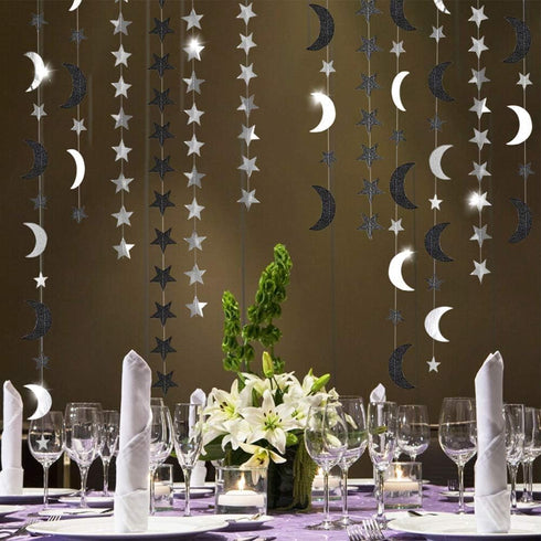 Cheerland Black Silver Moon Decoration - Star and Gothic Summerween Decor Garland for Birthday and Halloween