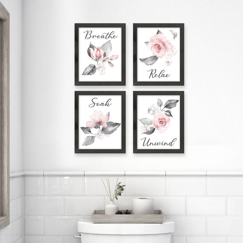 heilkee Pink Flower Wall Art Bathroom Decor, Set of 4 Grey Wall Pictures, Relax Soak Unwind Breathe Signs