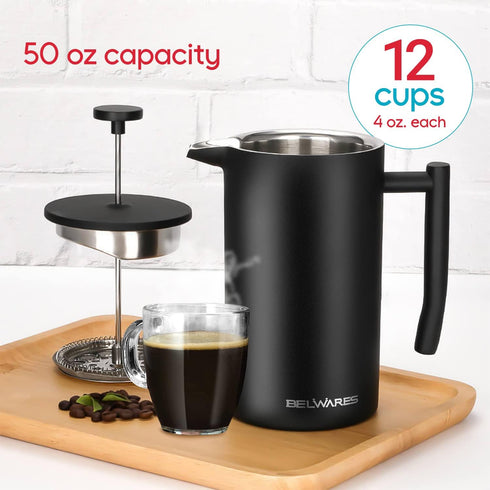 Belwares French Press Coffee Maker 50 OZ - Large Insulated Stainless Steel 304 Coffee Press with Double Wall