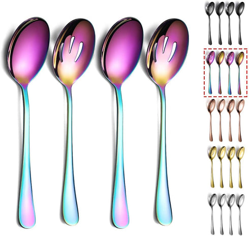 Kyraton Rainbow Serving Set, 4 Piece Titanium Plated Utensils, Includes 2 Spoons and 2 Slotted Spoons