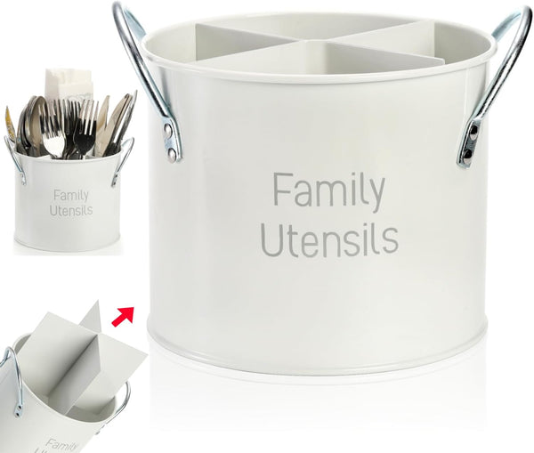 4 Compartment Kitchen Utensil Holder - 5.7 Inch Large Metal Caddy for Countertop, Removable Divider, White