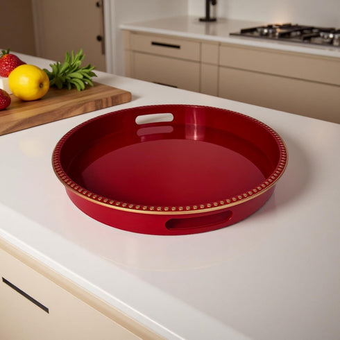 Counter, Room,(13") Red Decorative Tray for Coffee Table, Round Beaded Plastic Serving Tray forKitchen Ottoman, Living