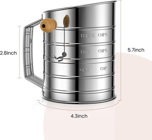 Esvopa 3 Flour Sifter for Baking, Stainless Steel Cup Flour Sifter with Rotary Hand Crank, Fine Mesh and Agitator Flour