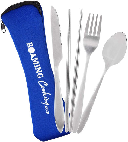 Reusable Travel Utensils with Case | Fork and Spoon Set with Knife, Chopsticks, Optional Reusable Straw – Office,