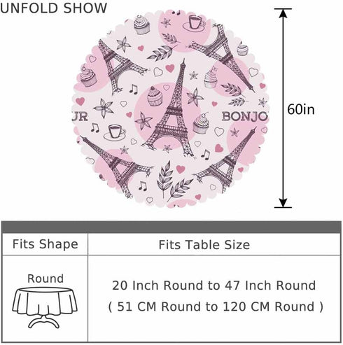 AOYEGO 60 Inch Eiffel Tower Pink Table Cloth Romantic Paris Ice Cream Coffee Star Shaped Leaves Round Tablecloth