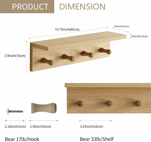 Wall Mount Coat Rack with Shelf, Sturdy Wooden Floating Shelf withHooks Save Your Indoor Space, Wall Organizer siutable