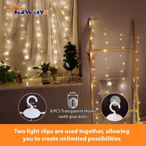 3.3x5Ft 8 96Led HXWEIYE Short Curtain Lights for Small Window, USB Plug in Warm White Fairy Light with Timer & Clips