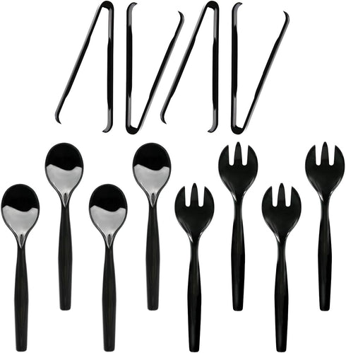 Heavy Duty Disposable Plastic Serving Utensils, 4-Sets of Spoons, Forks, Tongs for Parties and Events, Black