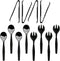 Heavy Duty Disposable Plastic Serving Utensils, 4-Sets of Spoons, Forks, Tongs for Parties and Events, Black