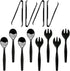 Heavy Duty Disposable Plastic Serving Utensils, 4-Sets of Spoons, Forks, Tongs for Parties and Events, Black