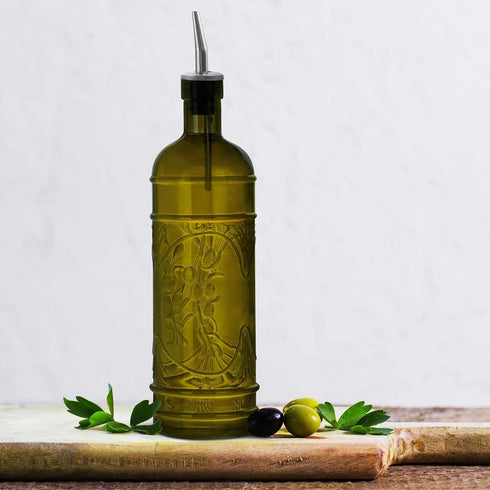 Couronne Company Olive Branch Recycled Glass Oil or Vinegar Bottle, 11 Inch Tall, 16.1 Ounce, Vintage Green