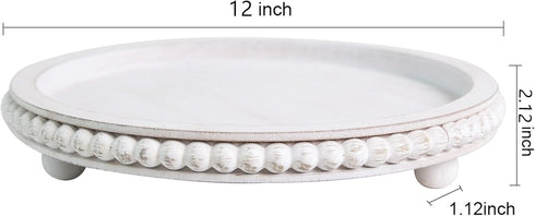 12in HPC Decor Round Wood Tray - White, Distressed, Farmhouse Rustic - Decorative Tray for Living Room, Coffee Table