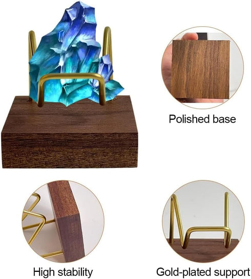 Brass Crystal Display Stand with Walnut Base, Mineral Specimens Display Holder for Stones, Geodes, Fossils