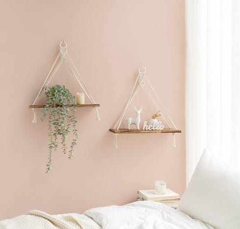 Set 2 Mkono Macrame Hanging Shelves Boho Wall Decor of Rustic Wood Floating Storage Shelf for Bedroom Bathroom Living